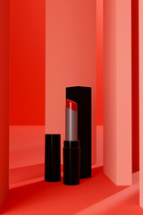 Lipstick is placed neatly on the red background, 3d render