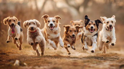Grupo de cães felizes correndo na floresta. Conceito de vida ativa e saudável. - obrazy, fototapety, plakaty