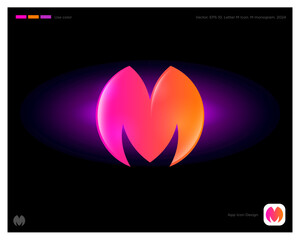 M monogram. Bright M letter like sphere. Hot planet emblem. Identity, app icon.