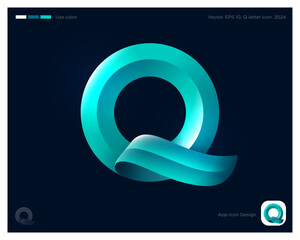 Q letter. Q monogram consists of silk turquoise ribbon.  Web icon. 