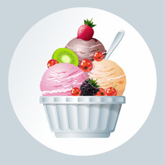 Three scoops of ice cream in white ice-cream bowl with fruits and berries. Fresh dessert illustration.
