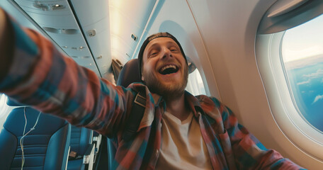 Jovem bonito tirando uma selfie no avião. Conceito de viagens e turismo - obrazy, fototapety, plakaty