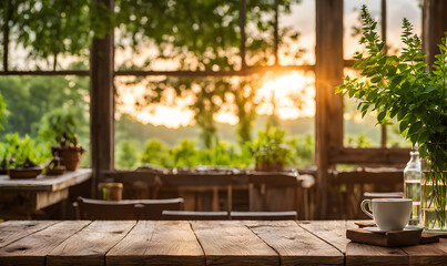 Obraz premium An empty wooden table in the foreground, with a blurred country house in the background against a verdant garden setting