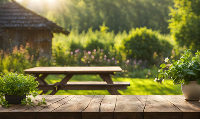 Naklejka premium An empty wooden table in the foreground, with a blurred country house in the background against a verdant garden setting