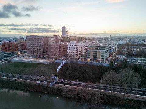 Aerial shot of the Athletes' Olympic Village for the Olympic Games of Paris 2024, Saint-Ouen, Ile-de-France, France