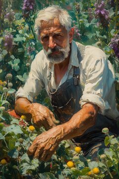 In the summer fields, a mature Caucasian farmer tends to his crops, harvesting organic produce diligently.