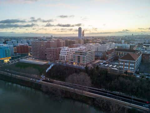 Aerial shot of the Athletes' Olympic Village for the Olympic Games of Paris 2024, Saint-Ouen, Ile-de-France, France