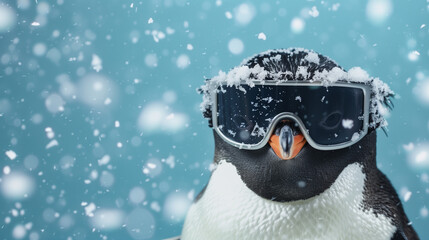 Penguin Wearing Ski Goggles in Snow