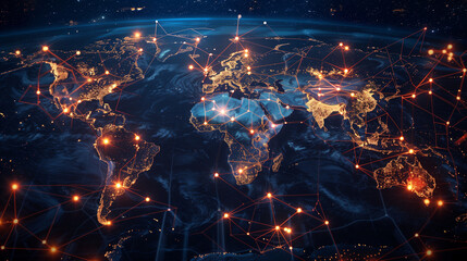 Fototapeta na wymiar Global Map Illuminated With Trade Routes