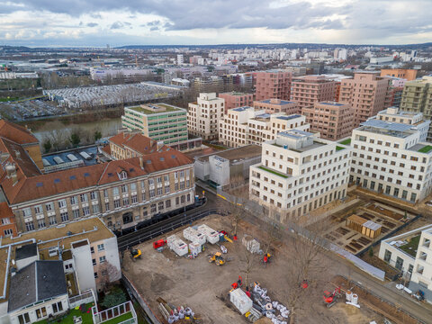 Aerial shot of the Athletes' Olympic Village for the Olympic Games of Paris 2024, Saint-Ouen, Ile-de-France, France