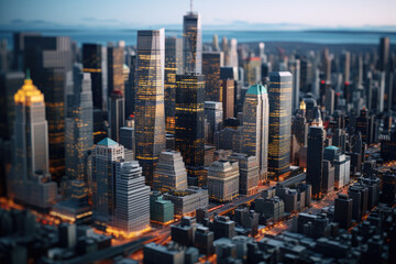 A tilt shift shot that transforms a bustling cityscape into a stunning miniature diorama, illuminated by the warm glow of dusk