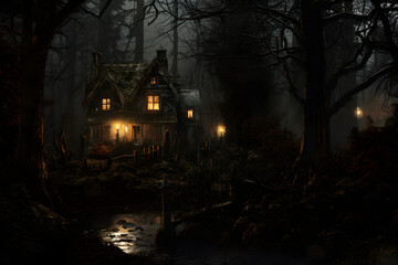 vintage woodland haunted house in the horror forest