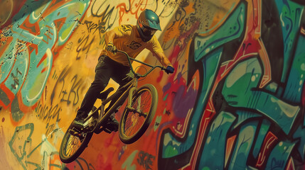 Man Riding Bike Up Graffiti Covered Wall
