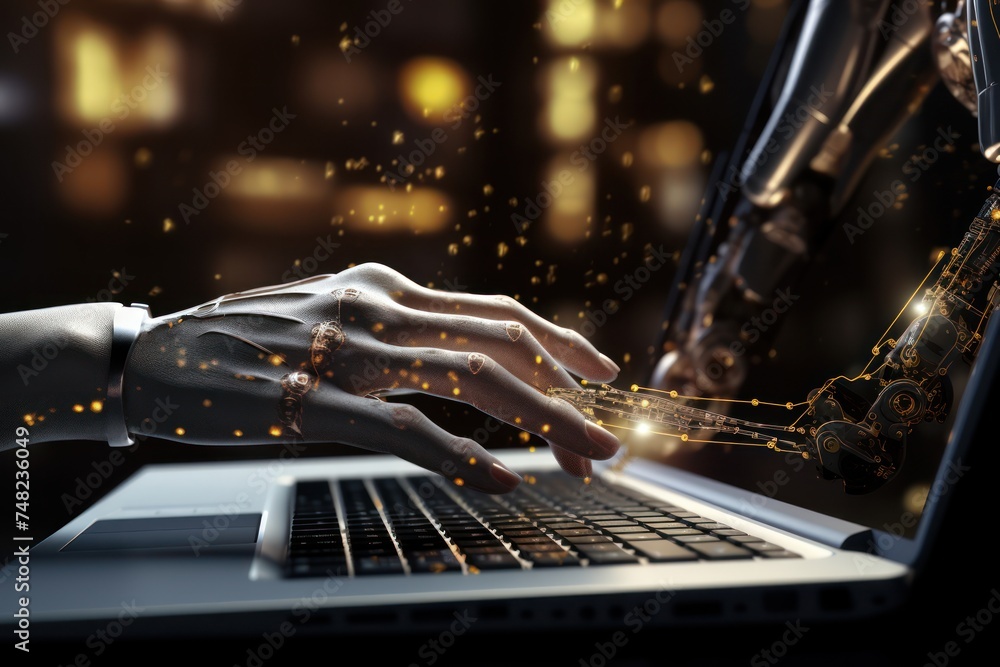Poster robot finger point and working to laptop keyboard button, ai, artificial intelligence