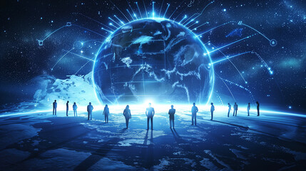 Group of People Standing on Top of Blue Planet