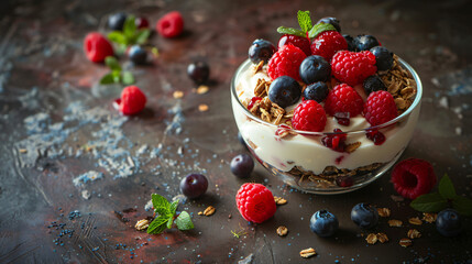  Granola with yogurt and berries on a dark brown