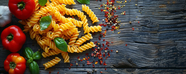 A visually appealing mix of rotini pasta, bell peppers, and Italian seasoning on a rustic wooden surface. Top view space to copy. - Powered by Adobe