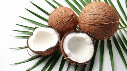 Obraz na płótnie Canvas Fresh coconut whole and cut in half with palm leaf isolated on white background, top view.