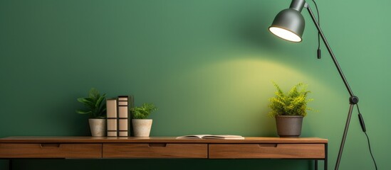 A modern desk with decor sits against a green wall in a well-lit room. A sleek lamp illuminates the workspace, creating a functional and stylish environment.