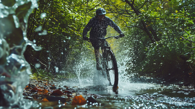 Man Riding Bike Through Water Stream
