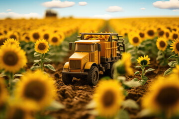 A charming scene of a toy tractor navigating through a vibrant field of sunflowers, captured with a tilt shift lens