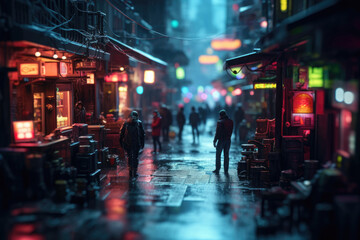 A tilt shift revealing the vibrant yet gritty life of night city slums, illuminated by neon signs and shrouded in mystery