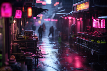 Rain soaked alley bathed in neon light, creating a miniature yet deeply atmospheric urban scene through tilt shift