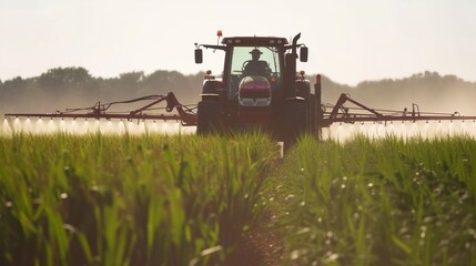 Farming tractor spraying plants in a field.