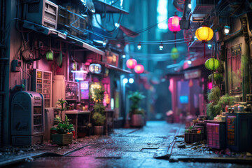 Tilt shift brings to life a miniature alley, aglow with neon lights, capturing the bustling...