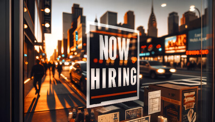 A Storefront with a Now Hiring Sign 