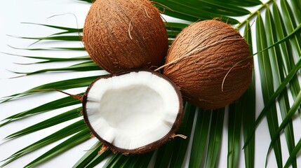 Fototapeta na wymiar Fresh coconut whole and cut in half with palm leaf isolated on white background, top view.