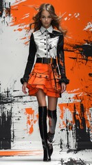 Model in Bold Black and Orange Ensemble Strutting on Fashion Runway