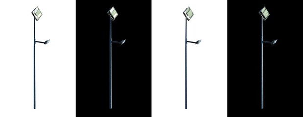 High-performance high-power LED floodlight - lanterns on the pole on and off isolated on a black...