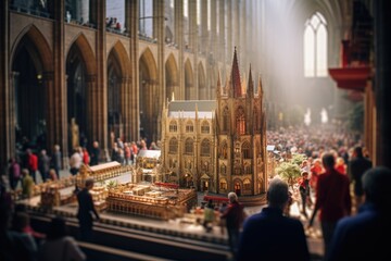Fototapeta premium Diorama of a majestic cathedral, showcased within the grand confines of an actual cathedral. The exhibit, bathed in sunlight, attracts a large audience
