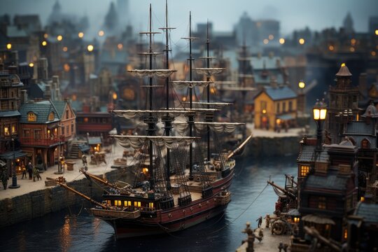 An exquisite diorama showcasing a majestic ship docked in a bustling town harbor, illuminated by twilight, captured with a tilt-shift lens