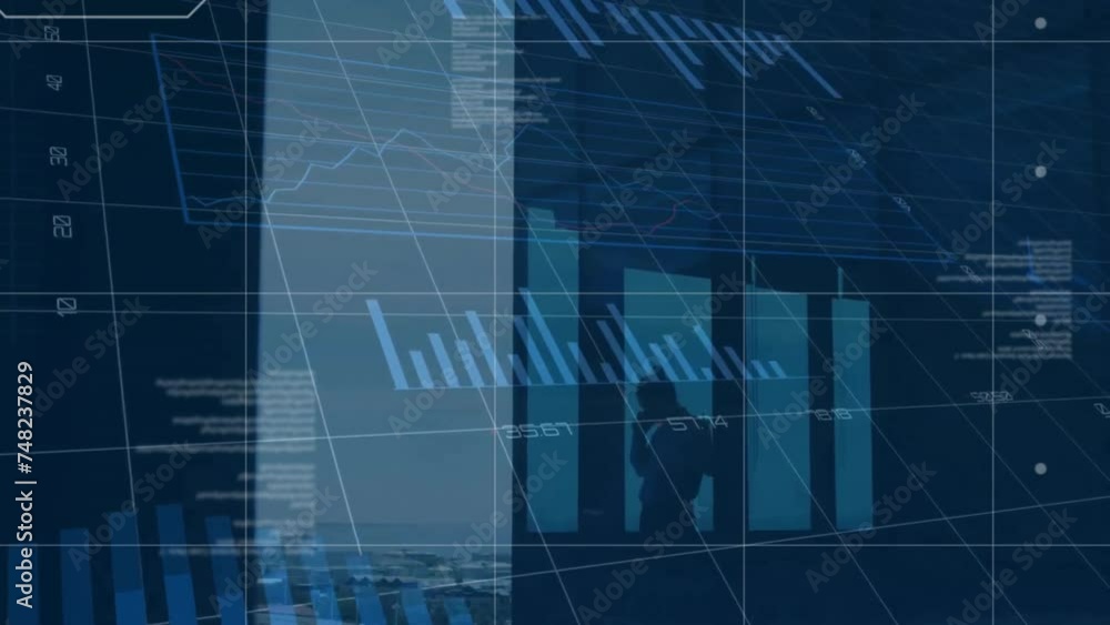 Poster animation of data processing over screen on dark background