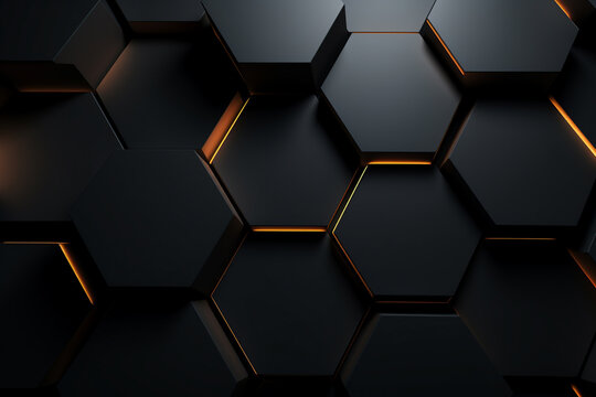 Abstract hexagon geometry background. 3d render of simple primitives with six angles in front. Dark