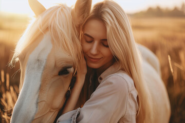 Young cute happy joyful satisfied smiling woman with closed eyes enjoying of hugging and stroking beautiful blond palomino horse at meadow at sunset - obrazy, fototapety, plakaty