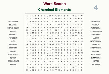 Word search puzzle vector (Word find game) illustration. Chemical elements 4