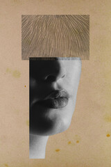 Fine-art concept. Abstract and surreal woman illustration collage. Motion blur, grunge and grain effect. Only woman lips and nose visible. Rectangle geometric shape object with pattern over model nose