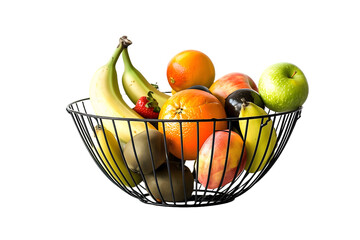 Assorted Fresh Fruits in Modern Black Wire Basket on White Background
