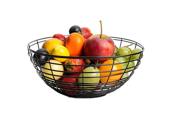 Assorted Fresh Fruits in a Black Wire Basket on White Background
