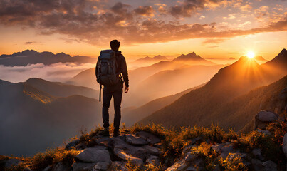 Backpack-clad traveler standing atop a mountain, overlooking a panoramic vista in the late afternoon - obrazy, fototapety, plakaty