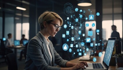 Beautiful Short Haired Project Manager Working on Computer in Office, Augmented Reality Social Media Icons Appear From Worker's Laptop, Internet of Things, Connectivity and Online Concept
