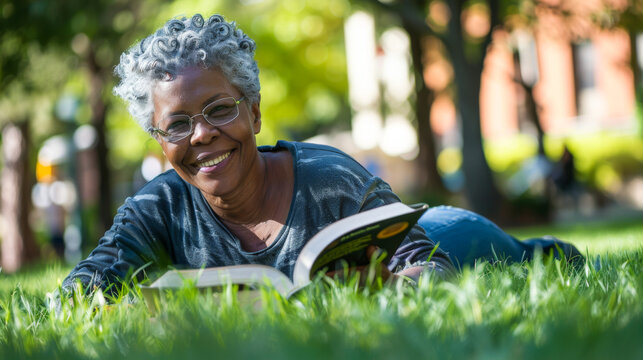 Radiant senior woman enjoying a book in sunlit park
