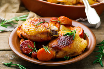 Maple-glazed Chicken and Sweet Potatoes . selective focus