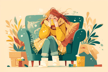 young woman sneezing sitting on sofa and drinking tea and medication