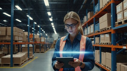 Futuristic Technology Warehouse Concept Female Worker Doing Inventory, Using Augmented Reality Application On Tablet, Woman Analyzes Digitalized Products Delivery Infographics in Distribution Center