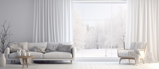 A white living room featuring a white couch and white curtains. The room has a minimalist design with light-colored furniture and a wooden floor. The curtains cover a large window,