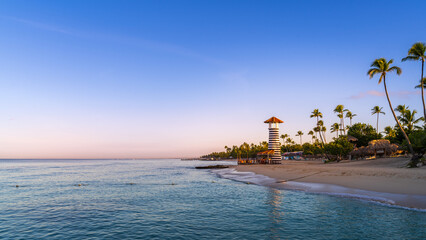 Panorama of sunrise at Bayahibe Beach, La Romana, Dominican republic. - 748240487